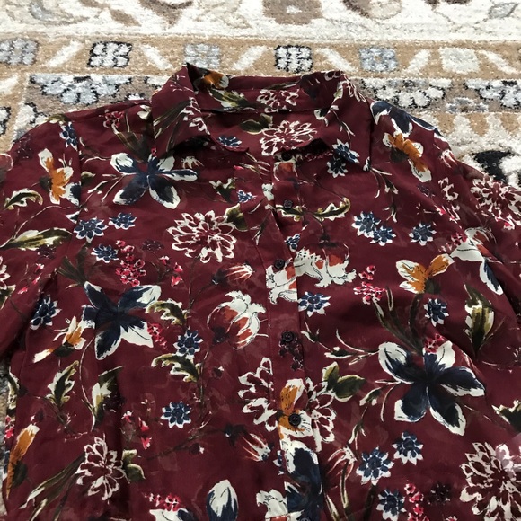 ZARA Burgundy Floral Button down tunic blouse - Picture 3 of 8